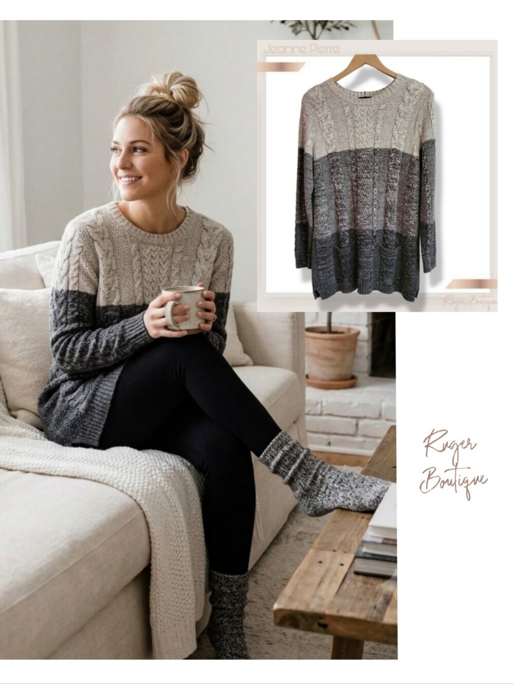 🌿Jeanne Pierre Women's XL Cable Knit Sweater Colorblock Grey Ivory Pockets